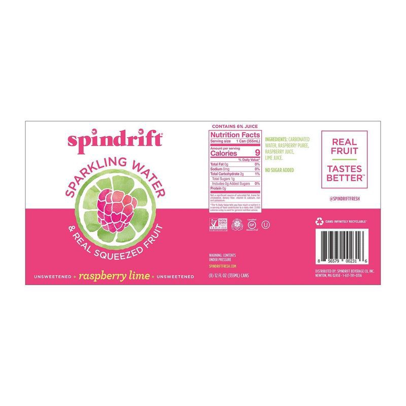 slide 3 of 7, Spindrift Raspberry Lime Sparkling Water - 8pk/12 fl oz Cans, 8 ct; 12 fl oz