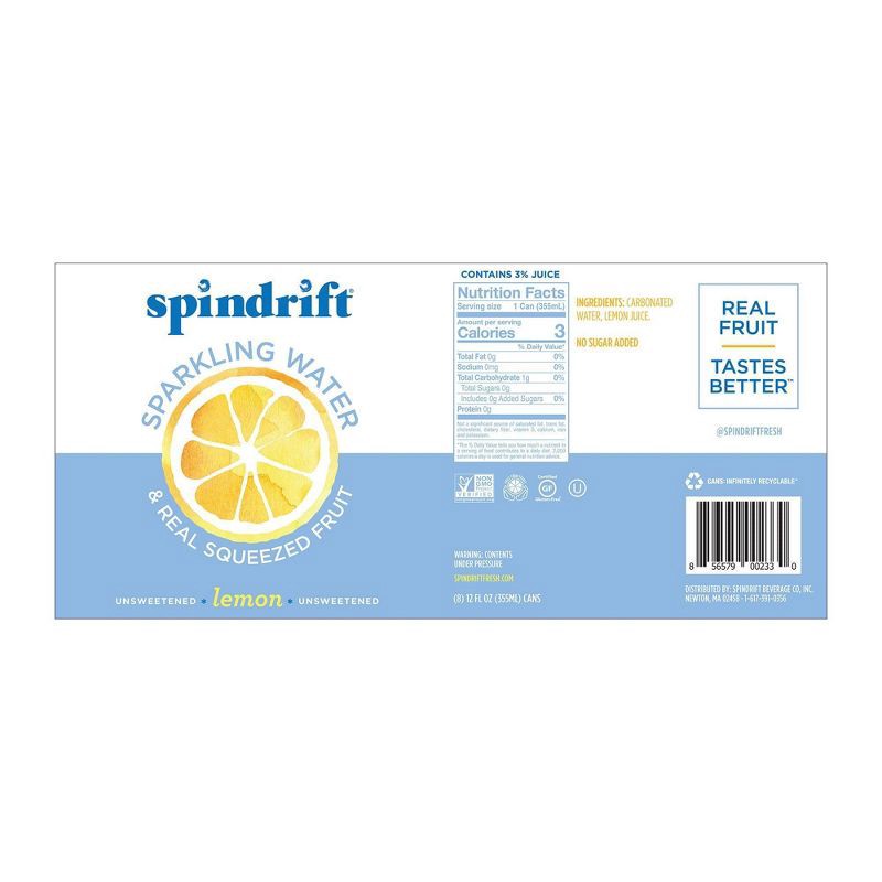 slide 3 of 7, Spindrift Lemon Sparkling Water - 8pk/12 fl oz Cans, 8 ct; 12 fl oz