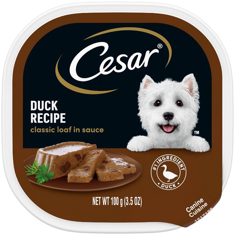 slide 1 of 9, Cesar Loaf in Sauce Duck Recipe Adult Wet Dog Food - 3.5oz, 3.5 oz