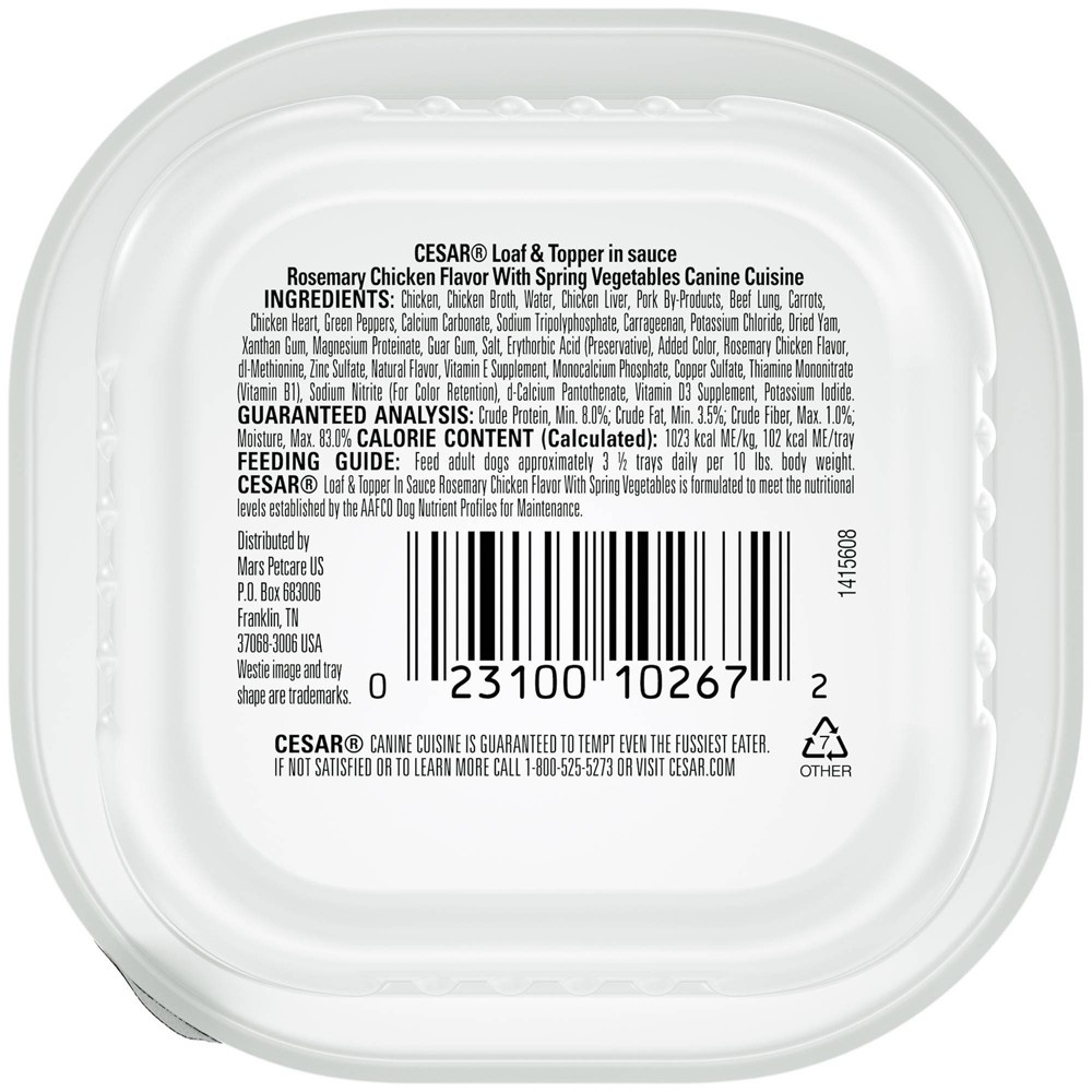 slide 2 of 5, Cesar Loaf & Topper in Sauce Wet Dog Food Rosemary Chicken Flavor with Spring Vegetables, 3.5 oz