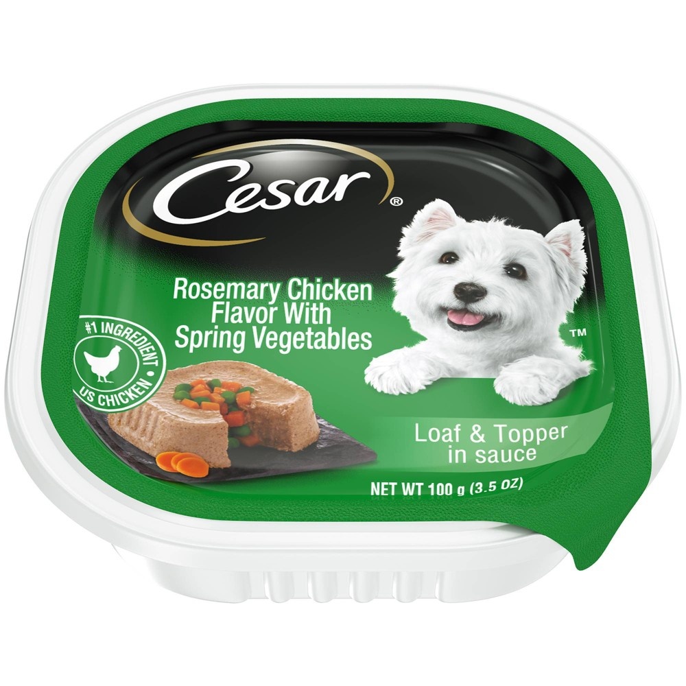 slide 5 of 5, Cesar Loaf & Topper in Sauce Wet Dog Food Rosemary Chicken Flavor with Spring Vegetables, 3.5 oz