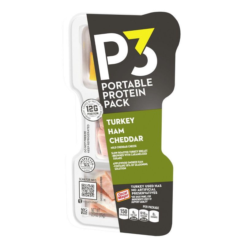 slide 6 of 9, P3 Portable Protein Pack P3 Portable Protein Snack Pack with Turkey, Ham & Cheddar Cheese - 2.3oz, 2.3 oz