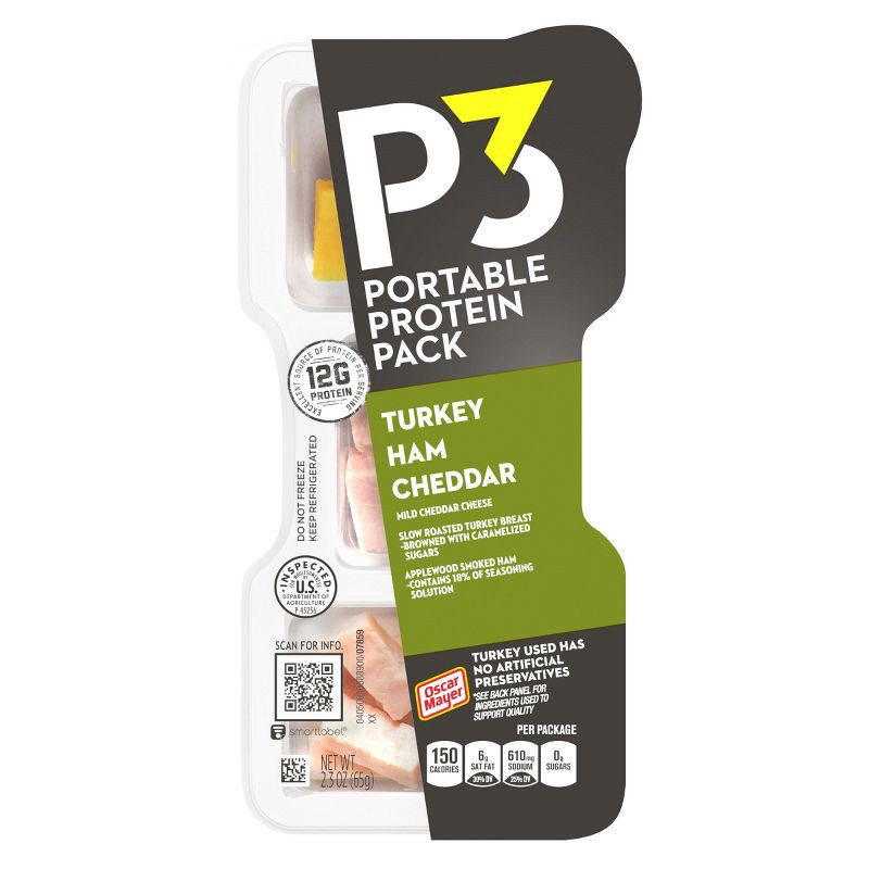 slide 7 of 9, P3 Portable Protein Pack P3 Portable Protein Snack Pack with Turkey, Ham & Cheddar Cheese - 2.3oz, 2.3 oz