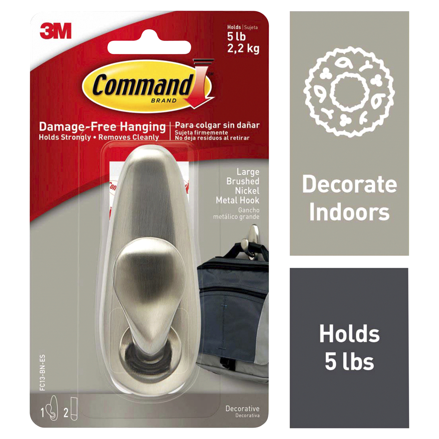 slide 1 of 5, Command™ Command 3M Command Damage-Free Hanging Large Brushed Nickel Metal Hook, 1 ct