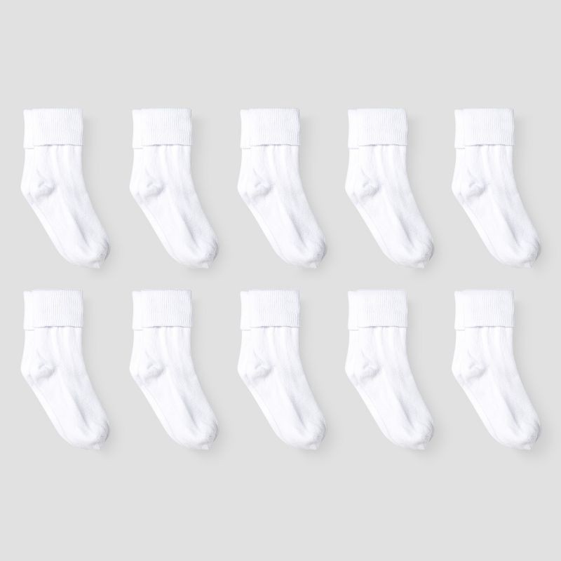 slide 1 of 1, Girls' 10pk Turn Cuff Crew Socks - Cat & Jack™ White S: Knit, Flat Seams, 10 ct