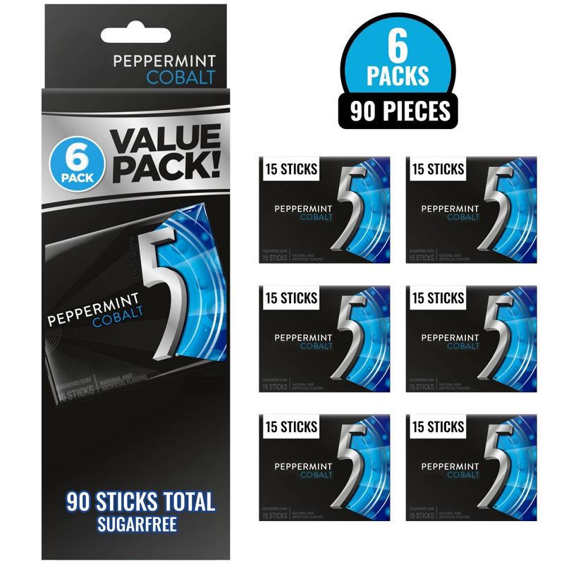 slide 12 of 12, 5 Gum Sugar-Free Peppermint Cobalt Chewing Gum - 15ct/6pk, 15 ct, 6 ct