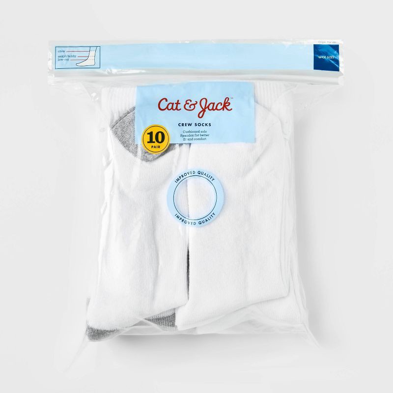 slide 2 of 2, Boys' 10pk Athletic Crew Socks - Cat & Jack™ White M, 10 ct