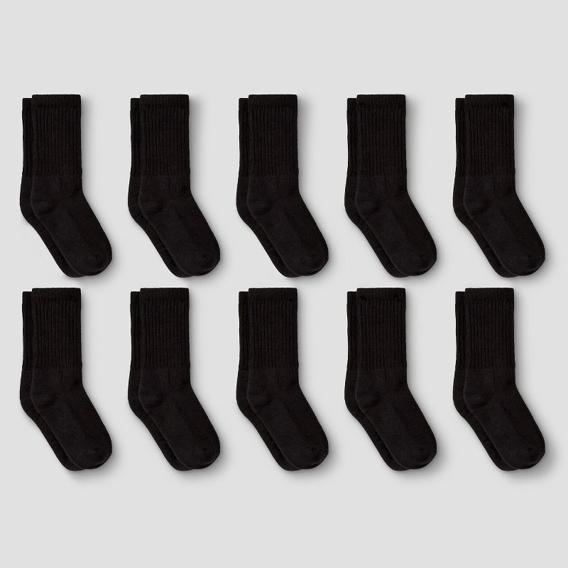 slide 1 of 1, Boys' 10pk Crew Athletic Socks - Cat & Jack™ Black L: Knit, Flat Seams, 10 ct