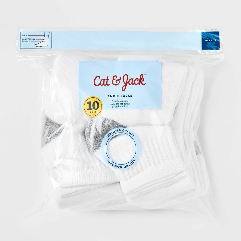 slide 2 of 2, Boys' 10pk Ankle Athletic Socks - Cat & Jack™ White M, 10 ct