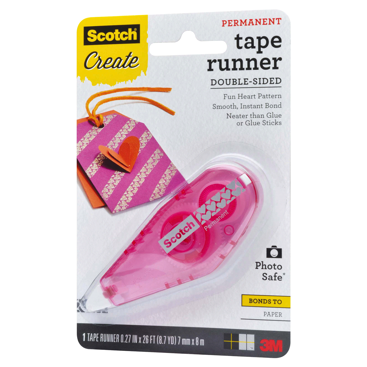 slide 3 of 5, Scotch Patterned Tape Runner - Hearts, Pink Dispenser, 26 ft