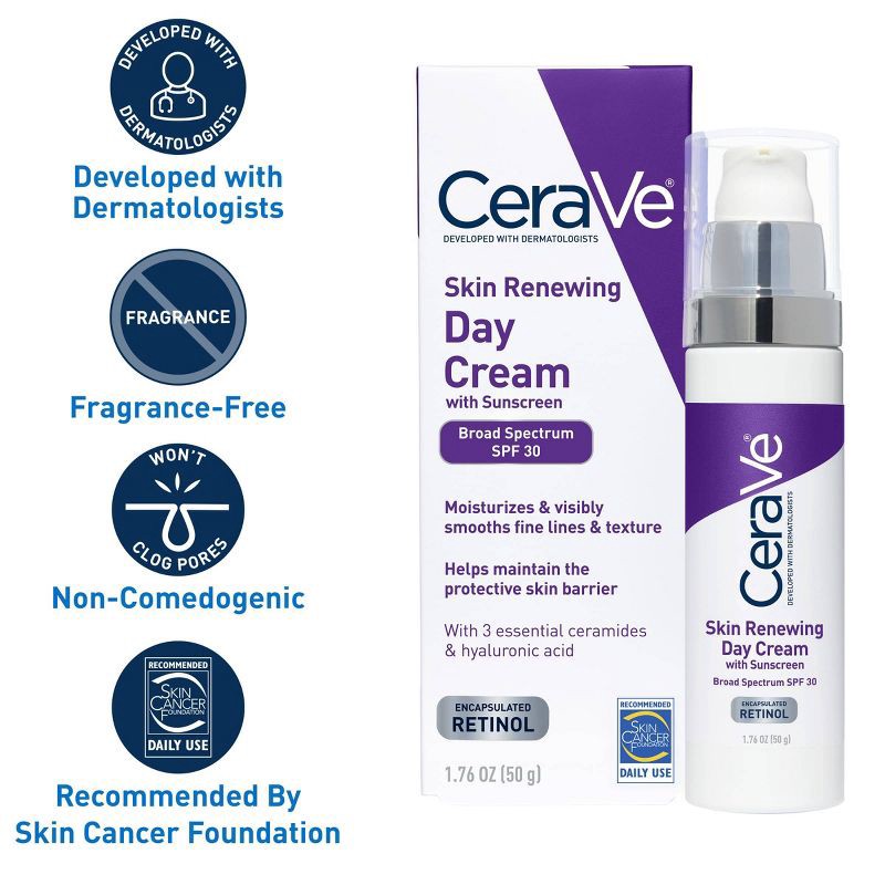 slide 3 of 8, CeraVe Skin Renewing Anti-Aging Face Cream with Sunscreen and Retinol – SPF 30 – 1.76oz, 1.76 oz