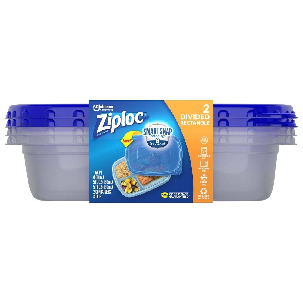 slide 3 of 12, Ziploc Divided Rectangle Containers with Smart Snap Technology, 2 ct