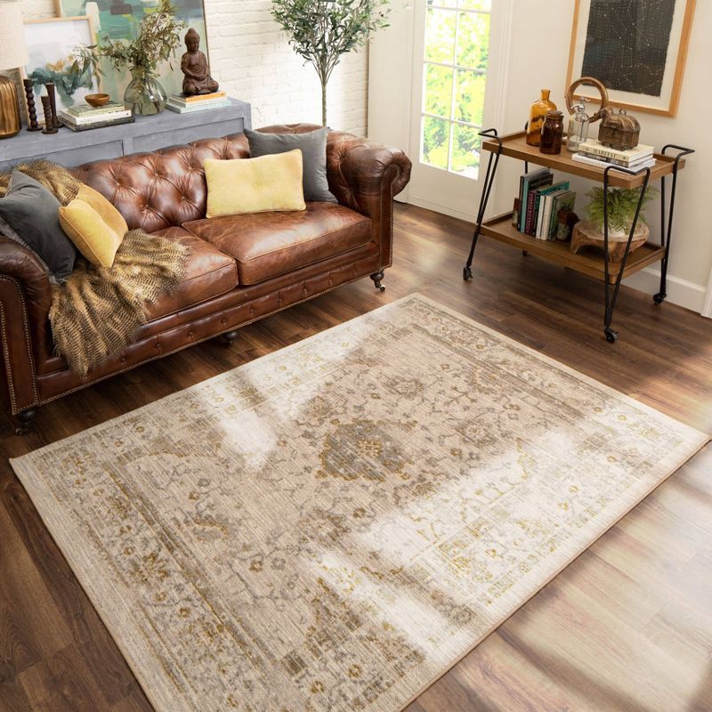 slide 7 of 8, 2'6"x3'9" Washable Vintage Tufted Distressed Accent Rug Tan - Threshold™: Skid-Resistant Low Pile Indoor Rug, 1 ct