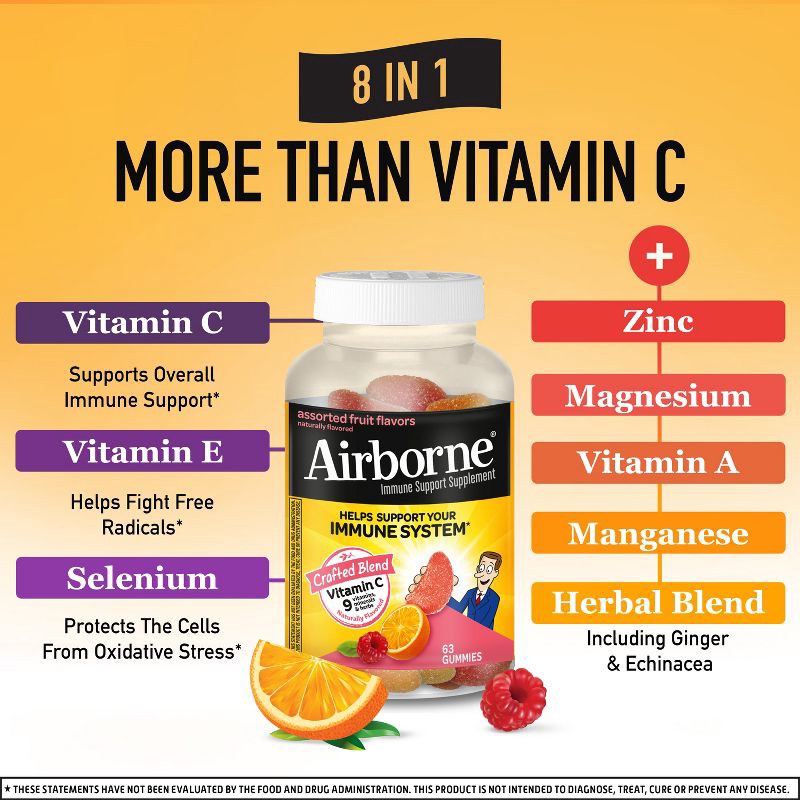 slide 3 of 10, Airborne Immune Support Gummies with Vitamin C & Zinc - Assorted Fruit - 63ct, 63 ct