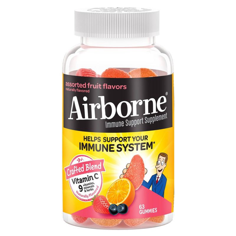 slide 1 of 10, Airborne Immune Support Gummies with Vitamin C & Zinc - Assorted Fruit - 63ct, 63 ct