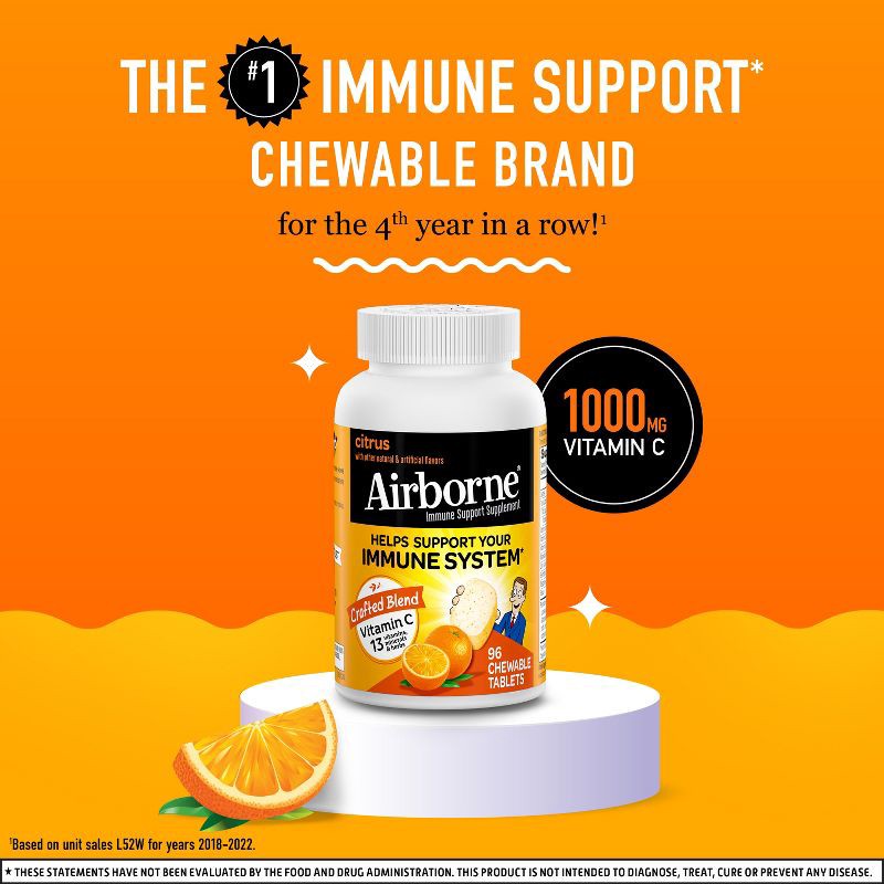 slide 2 of 9, Airborne Immune Support Chewable Tablets with Vitamin C & Zinc - Citrus - 96ct, 96 ct