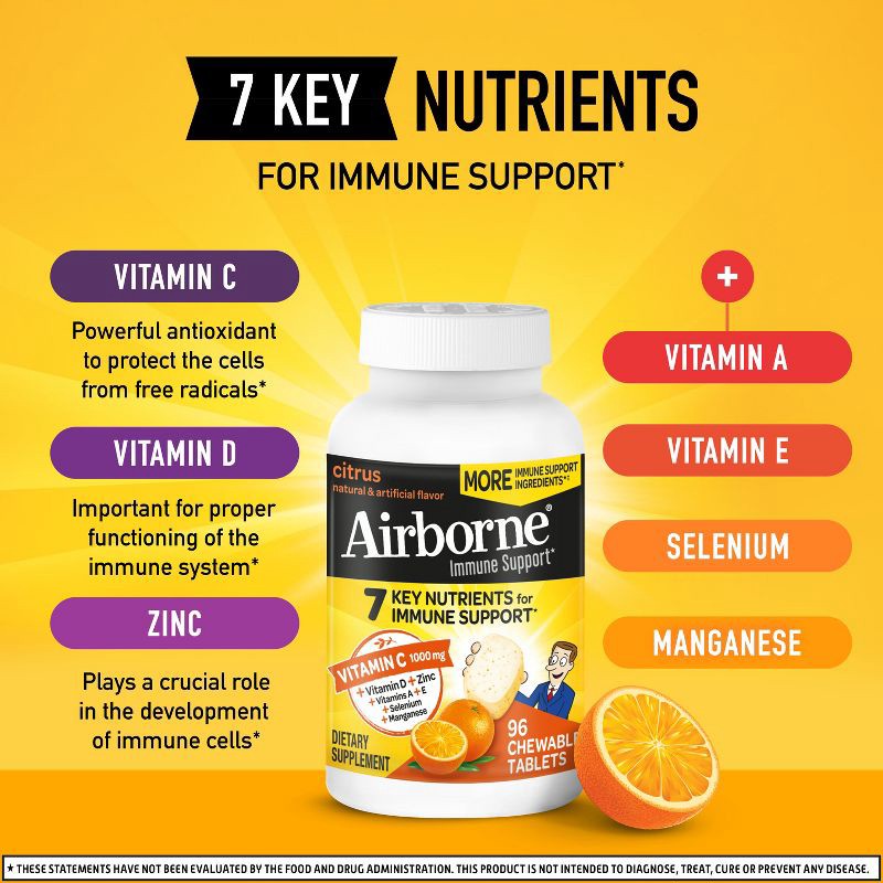 slide 3 of 10, Airborne Immune Support Chewable Tablets with Vitamin C & Zinc - Citrus - 96ct, 96 ct