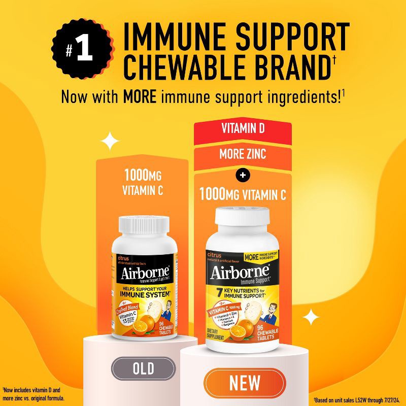 slide 8 of 8, Airborne Immune Support Chewable Tablets with Vitamin C & Zinc - Citrus - 96ct, 96 ct