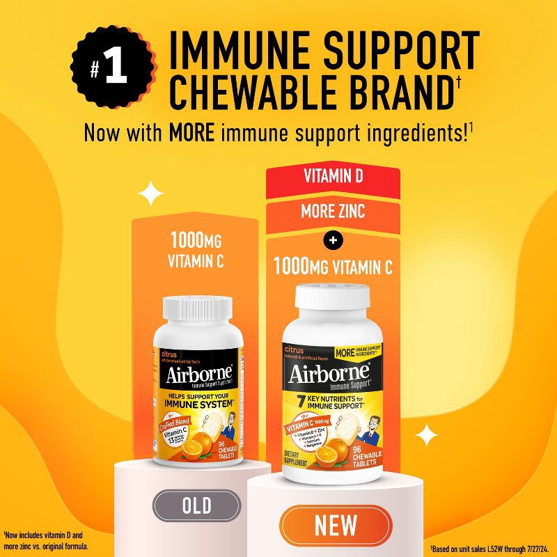 slide 10 of 10, Airborne Immune Support Chewable Tablets with Vitamin C & Zinc - Citrus - 96ct, 96 ct