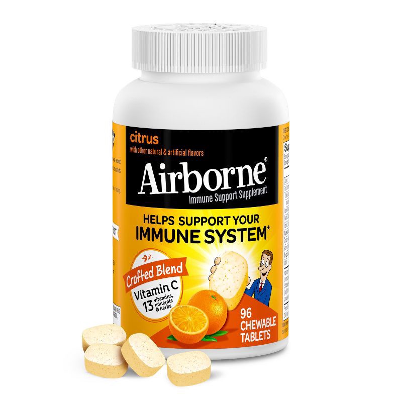 slide 1 of 9, Airborne Immune Support Chewable Tablets with Vitamin C & Zinc - Citrus - 96ct, 96 ct