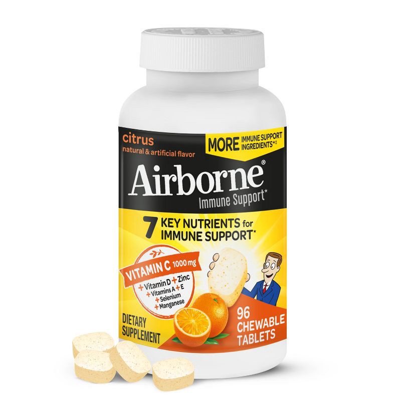 slide 1 of 10, Airborne Immune Support Chewable Tablets with Vitamin C & Zinc - Citrus - 96ct, 96 ct