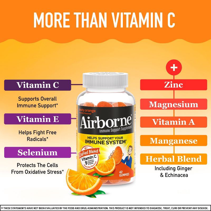 slide 4 of 9, Airborne Immune Support Gummies with Vitamin C & Zinc - Orange - 42ct, 42 ct