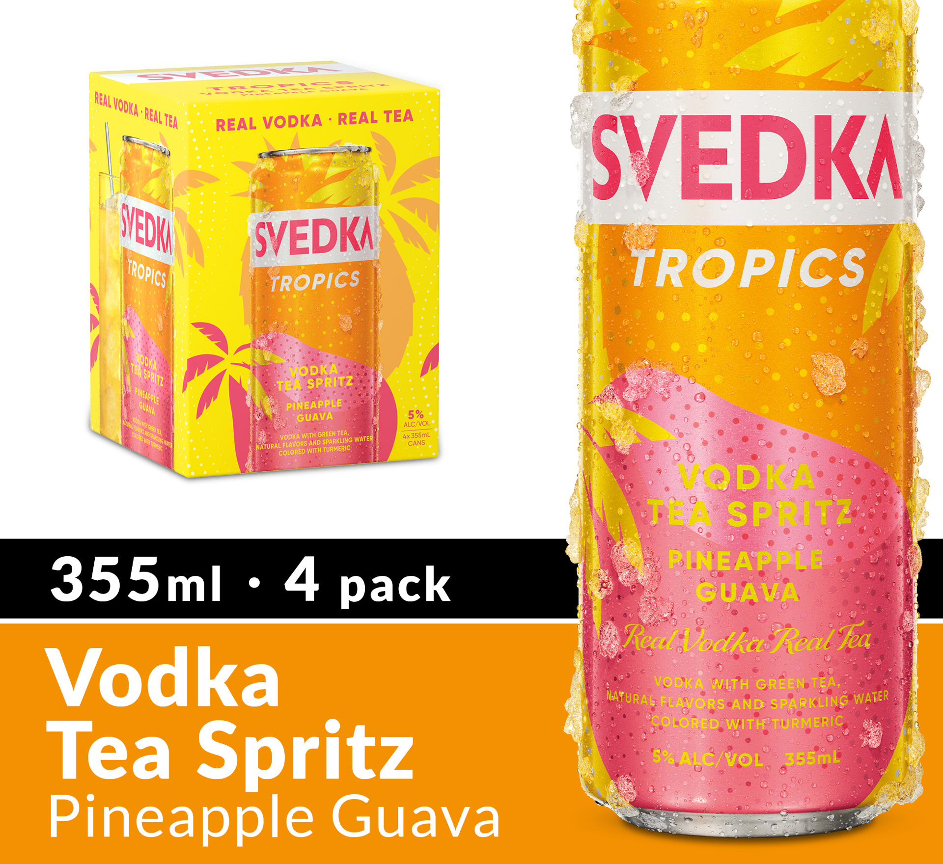 slide 4 of 9, SVEDKA Tropics Pineapple Guava Vodka Tea Spritz Canned Cocktail, 4 pk 355 mL Cans, 5% ABV, 48.02 fl oz