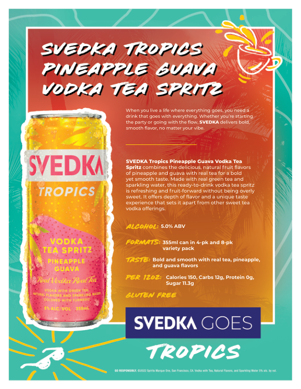 slide 9 of 9, SVEDKA Tropics Pineapple Guava Vodka Tea Spritz Canned Cocktail, 4 pk 355 mL Cans, 5% ABV, 48.02 fl oz