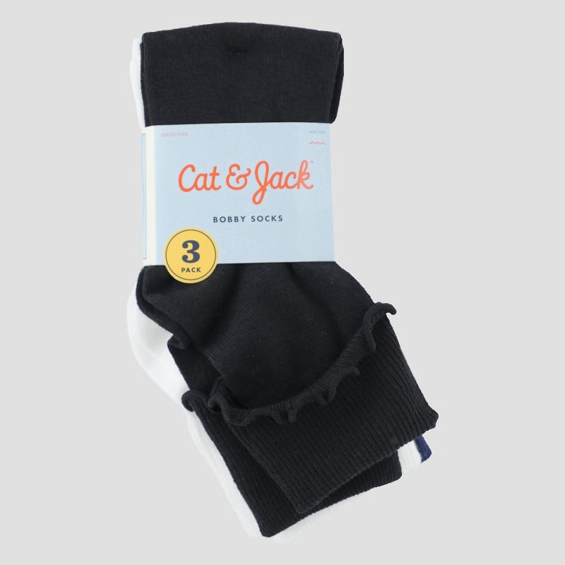 slide 2 of 3, Girls' 3pk Bobby Dress Socks - Cat & Jack™ White/Navy/Black M, 3 ct
