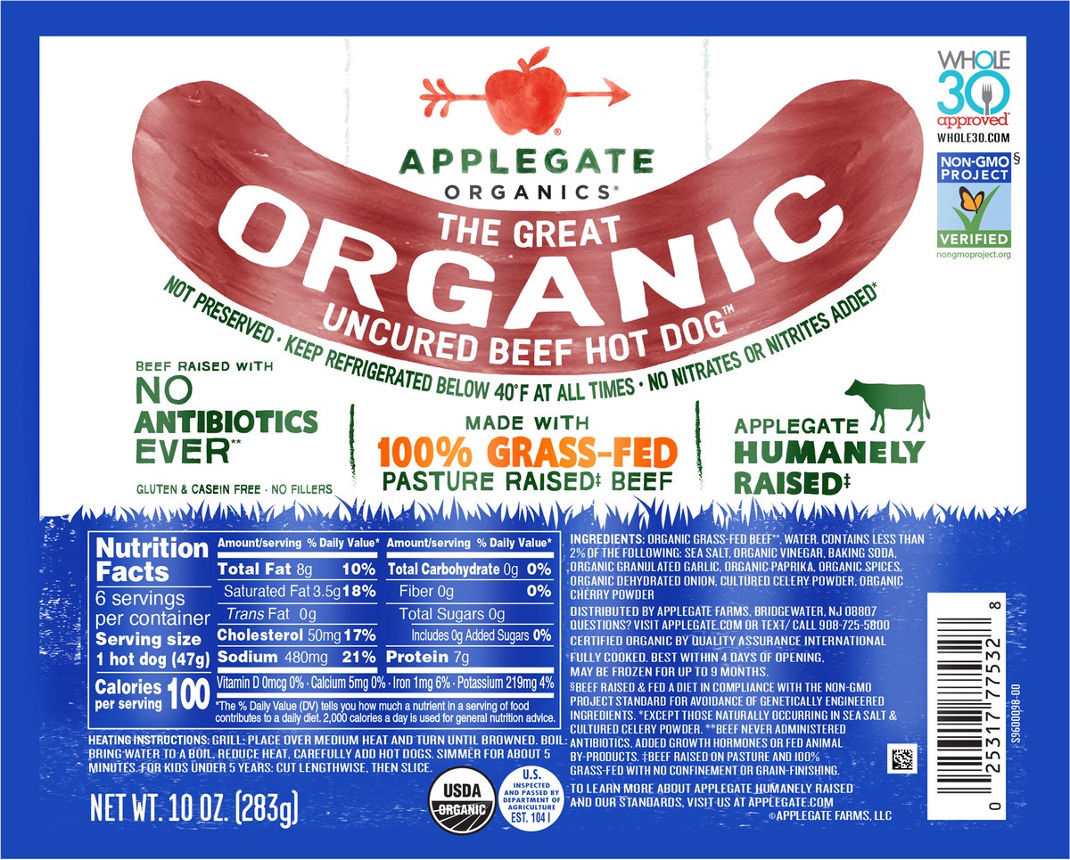 slide 5 of 12, Applegate Great Organic Beef Hot Dog Uncured, 10 oz