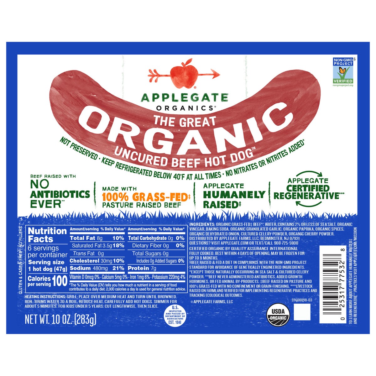 slide 1 of 12, Applegate Great Organic Beef Hot Dog Uncured, 10 oz