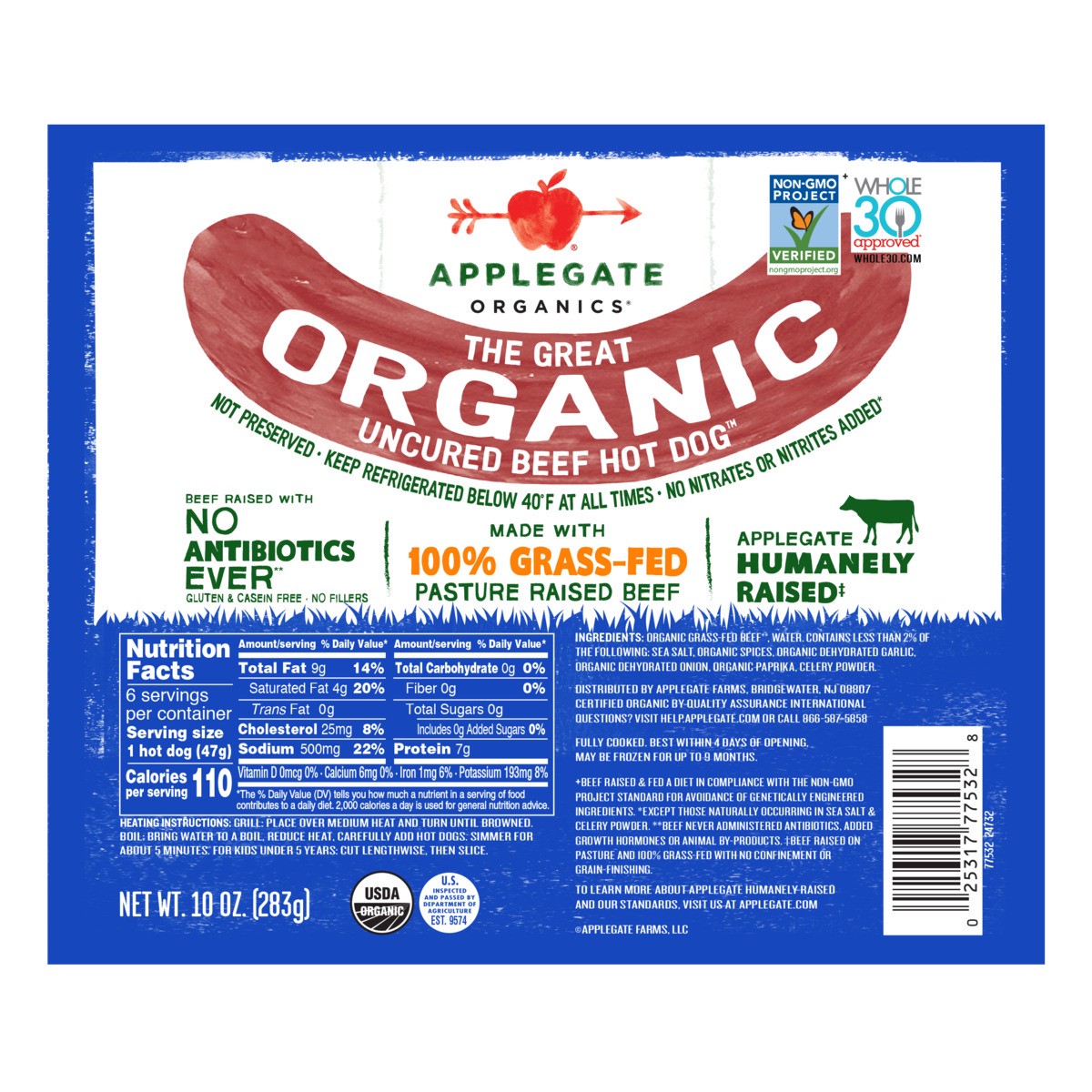 slide 9 of 12, Applegate Great Organic Beef Hot Dog Uncured, 10 oz