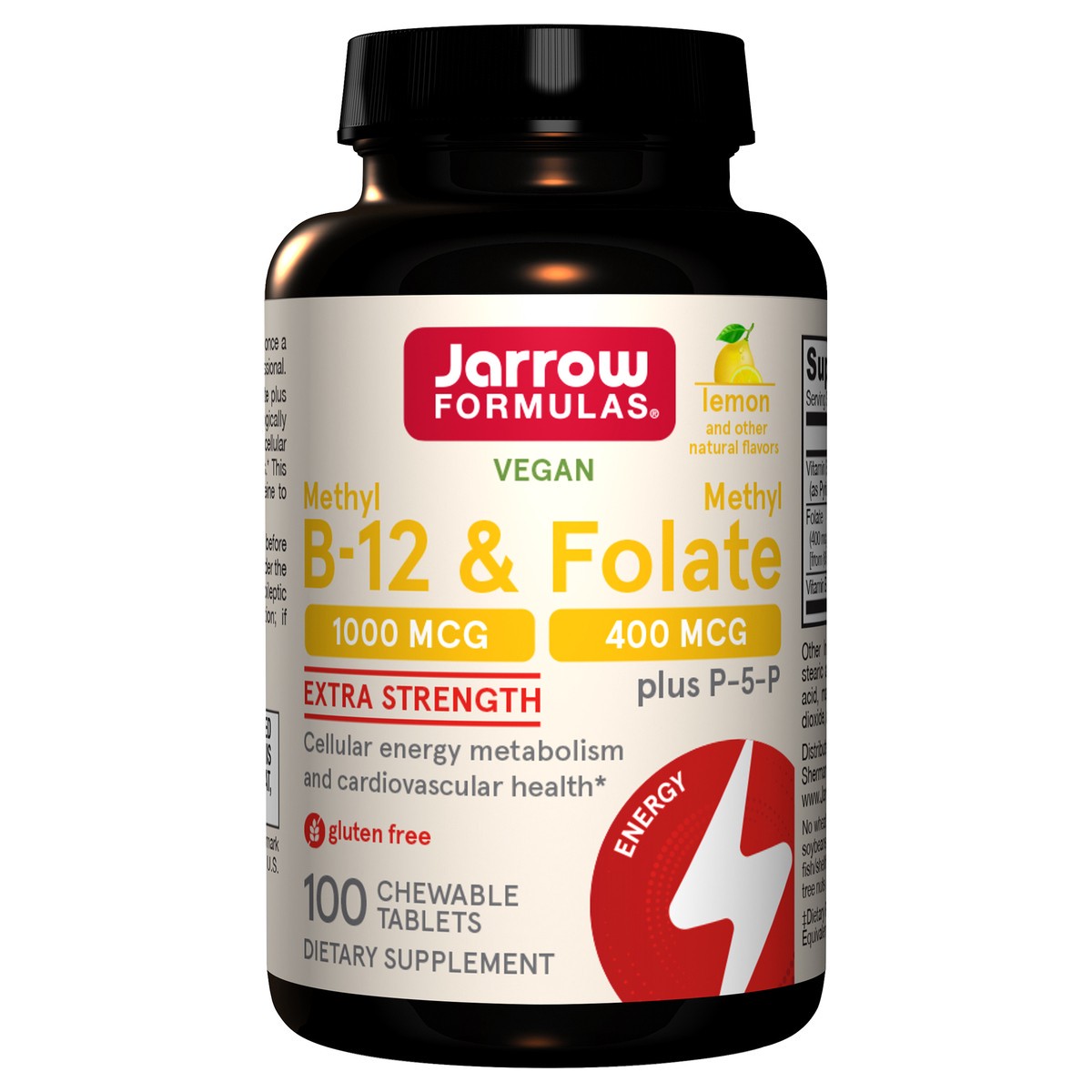 slide 1 of 4, Jarrow Formulas Extra Strength Methyl B-12 & Methyl Folate - 100 Chewable Tablets, Lemon Flavored - Bioactive Vitamin B12 & B9 - Cellular Energy and Cardiovascular Support- Non-GMO & Gluten Free, 100 ct