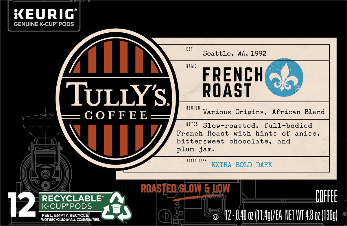 slide 4 of 8, Tully's Coffee French Roast Keurig Single-Serve K-Cup Pods, Dark Roast Coffee, 12 Count, 4.8 oz