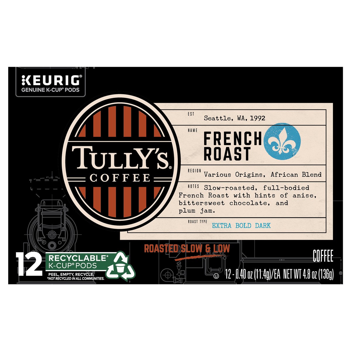 slide 3 of 8, Tully's Coffee French Roast Keurig Single-Serve K-Cup Pods, Dark Roast Coffee, 12 Count, 4.8 oz