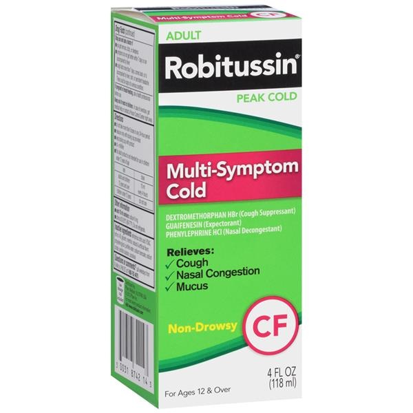 slide 1 of 1, Robitussin Peak Cold Multi-Symptom Cold CF Liquid, 4 fl oz