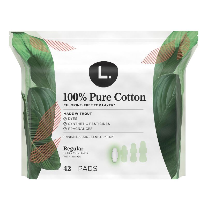 slide 2 of 10, L . Organic Cotton Topsheet Ultra Thin Regular Absorbency Pads with Wings - 42ct, 42 ct