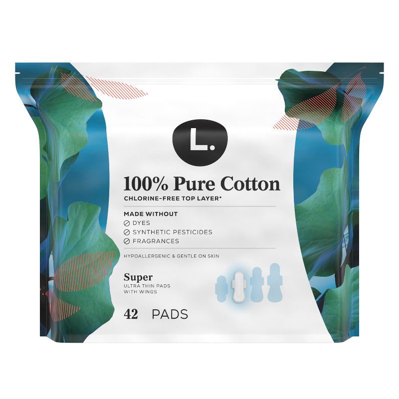 slide 12 of 12, L . Pure Cotton Chlorine Free Top Layer Ultra Thin Super With Wings Unscented Absorbency Pads - 42ct, 42 ct