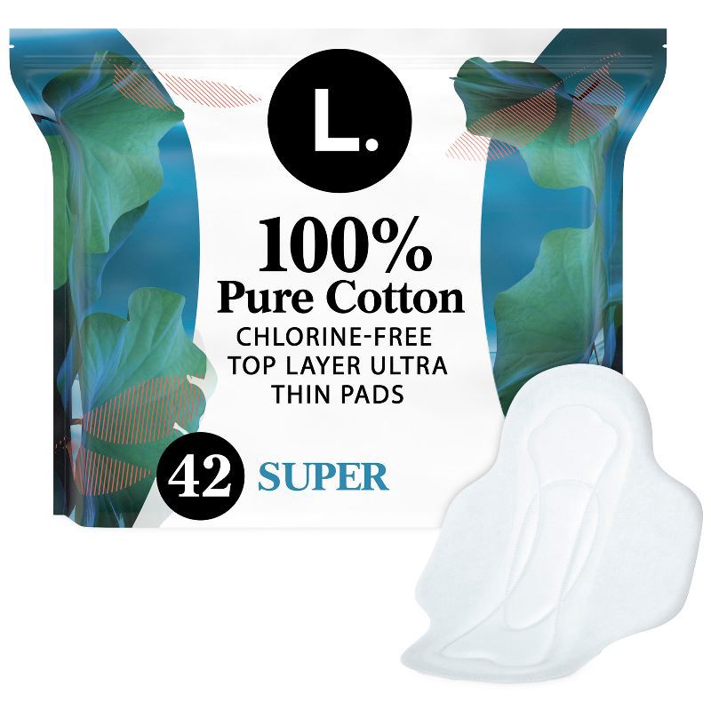 slide 1 of 10, L . Pure Cotton Chlorine Free Top Layer Ultra Thin Super With Wings Unscented Absorbency Pads - 42ct, 42 ct