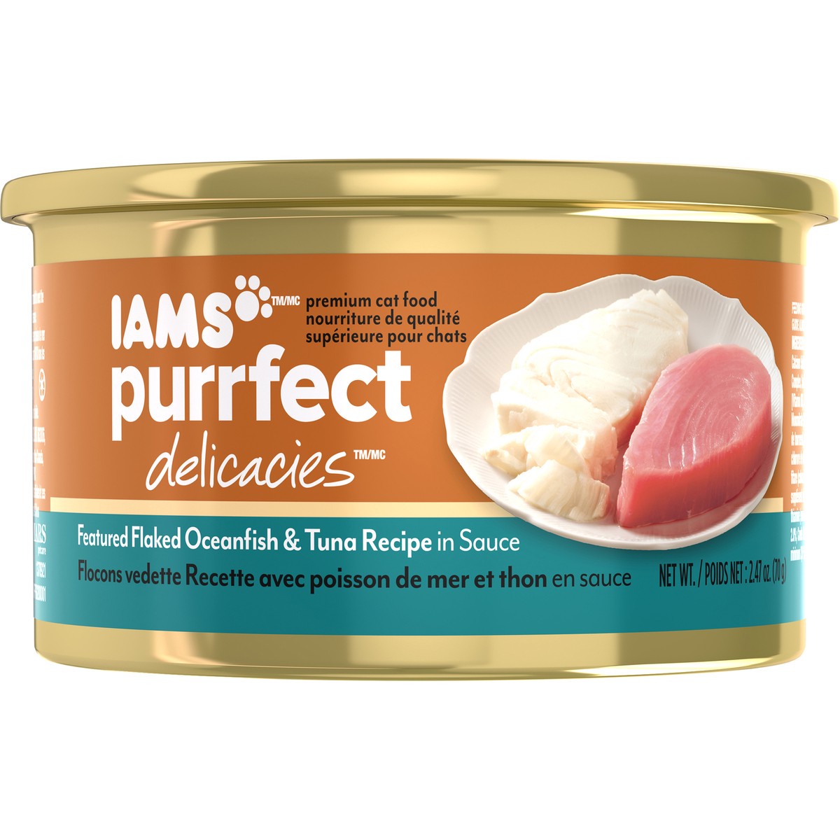slide 2 of 12, Iams Purrfect Delicacies Premier Flaked Oceanfish & Tuna Recipe in Sauce Premium Cat Food 2.47 oz. Can, 2.47 oz