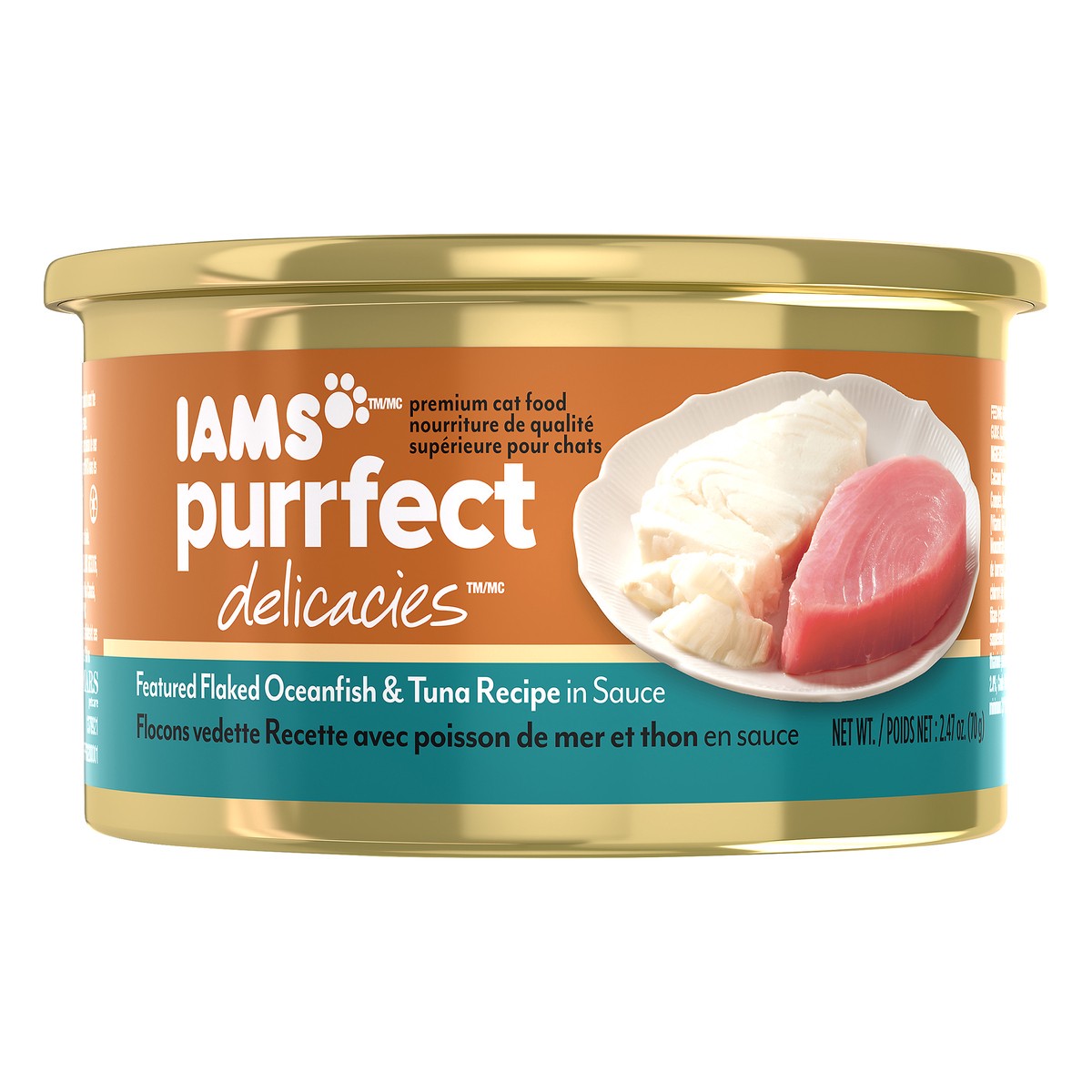 slide 12 of 12, Iams Purrfect Delicacies Premier Flaked Oceanfish & Tuna Recipe in Sauce Premium Cat Food 2.47 oz. Can, 2.47 oz