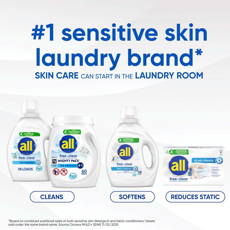 slide 5 of 5, All Unscented Free Clear for Sensitive Skin HE Liquid Laundry Detergent 123 Loads - 154 fl oz, 154 fl oz