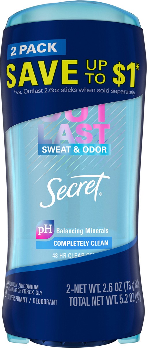 slide 3 of 3, Secret Outlast Clear Gel Antiperspirant Deodorant for Women, Completely Clean, Twin of 2.6 oz, 2 ct