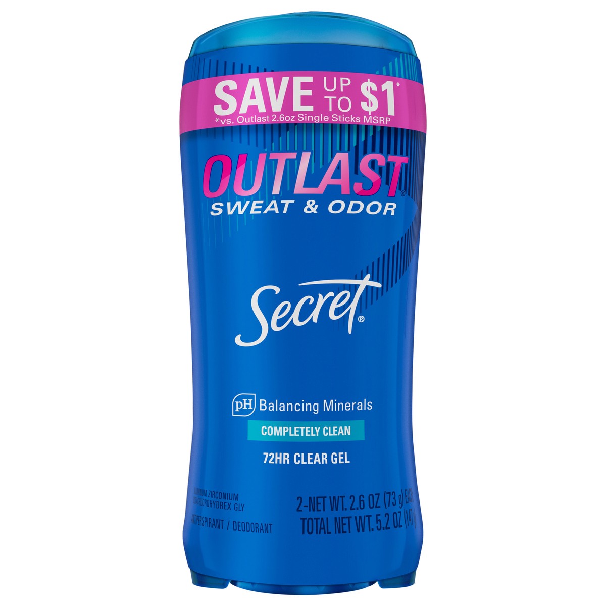 slide 1 of 3, Secret Outlast Clear Gel Antiperspirant Deodorant for Women, Completely Clean, Twin of 2.6 oz, 2 ct