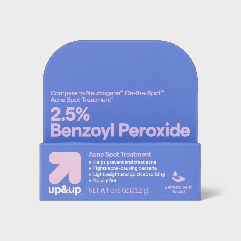 slide 1 of 5, Acne Spot Treatment .75oz - up&up™: Benzoyl Peroxide Cream for Acne-Prone Skin, Face Blemish Solution, Unscented Formula, 0.75 oz