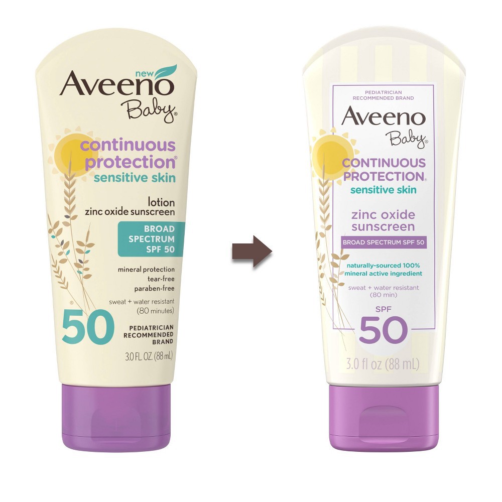slide 2 of 11, Aveeno Baby Continuous Protection Sensitive - Zinc Oxide with Broad Spectrum Skin Lotion Sunscreen - SPF 50 - 3 fl oz, 50 ct; 3 fl oz