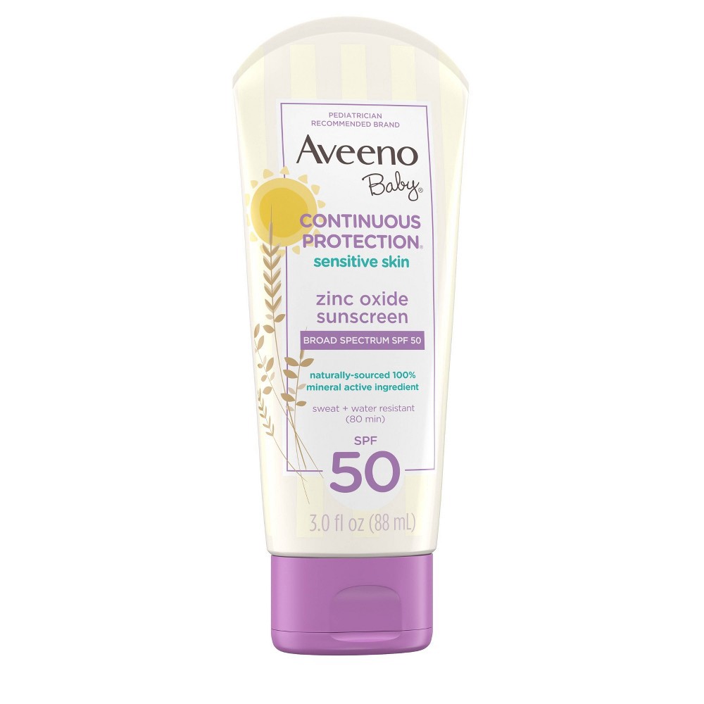 slide 3 of 11, Aveeno Baby Continuous Protection Sensitive - Zinc Oxide with Broad Spectrum Skin Lotion Sunscreen - SPF 50 - 3 fl oz, 50 ct; 3 fl oz