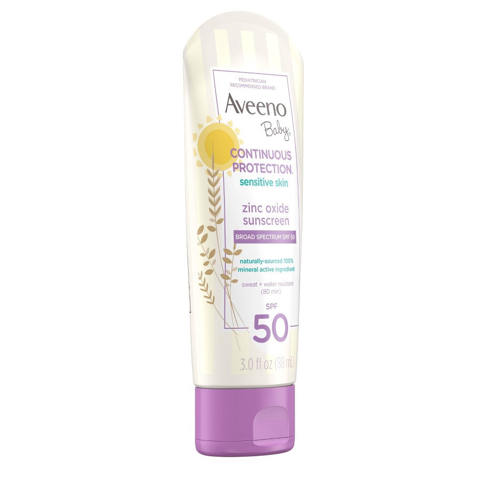 slide 4 of 11, Aveeno Baby Continuous Protection Sensitive - Zinc Oxide with Broad Spectrum Skin Lotion Sunscreen - SPF 50 - 3 fl oz, 50 ct; 3 fl oz