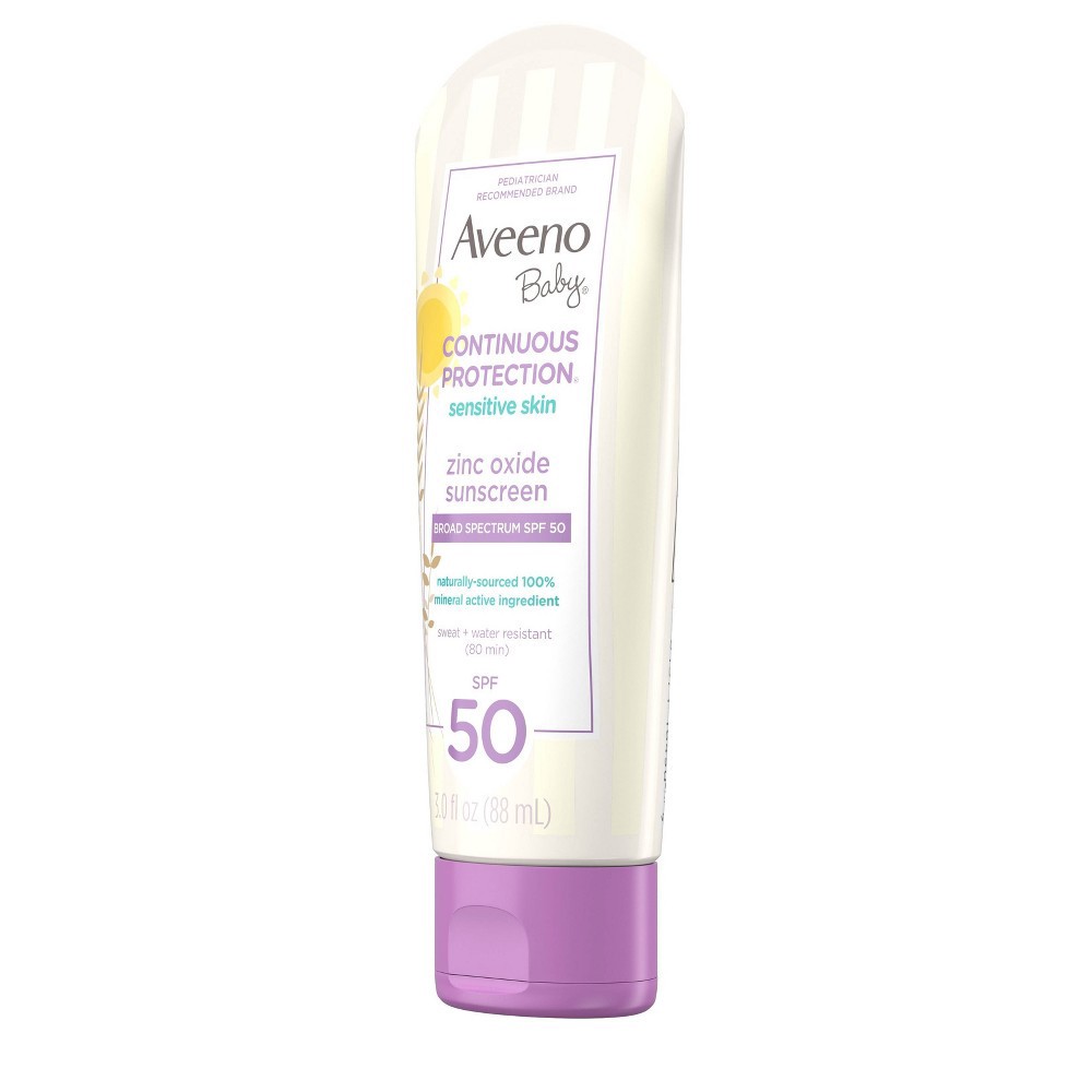 slide 10 of 11, Aveeno Baby Continuous Protection Sensitive - Zinc Oxide with Broad Spectrum Skin Lotion Sunscreen - SPF 50 - 3 fl oz, 50 ct; 3 fl oz