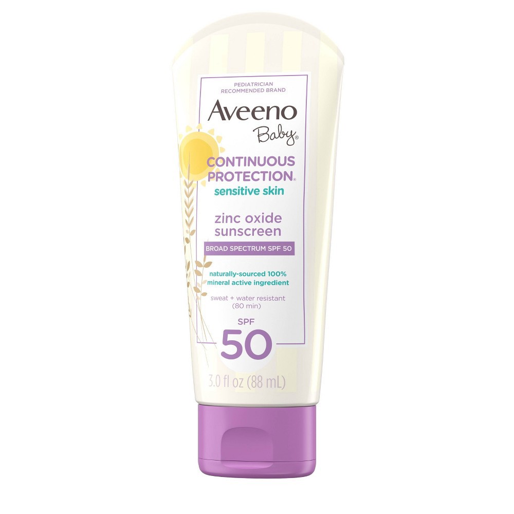 slide 11 of 11, Aveeno Baby Continuous Protection Sensitive - Zinc Oxide with Broad Spectrum Skin Lotion Sunscreen - SPF 50 - 3 fl oz, 50 ct; 3 fl oz